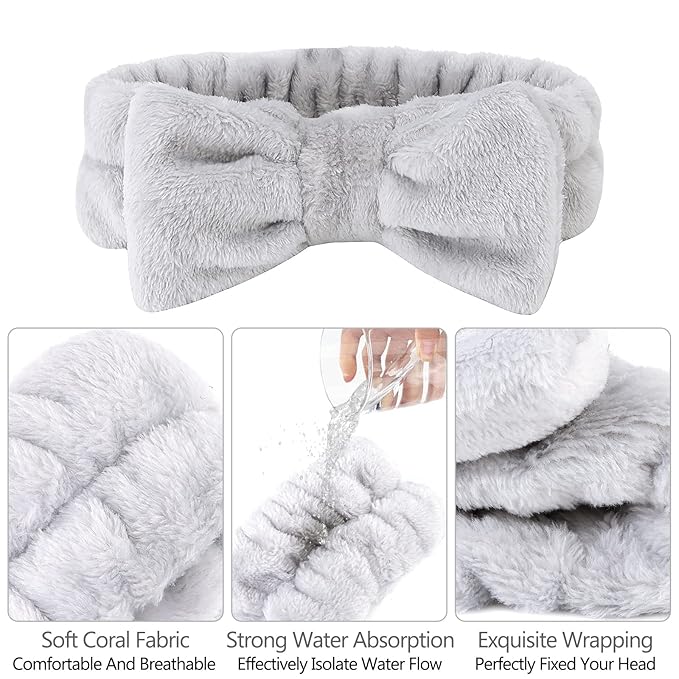 Casoty 8 Pcs Grey Spa Hair Bands for Women, Bow Fleece Headbands for Makeup, Shower, Yoga, and Skincare