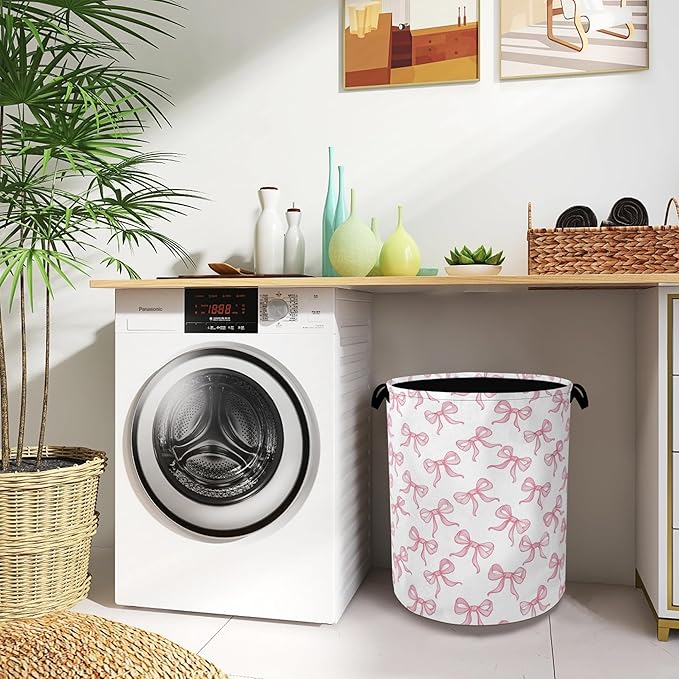 Cute Pink Bow Laundry Basket,Foldable Oxford Cloth Tote Bag Laundry Hamper Clothes Storage Bucket Organizer for Bedroom Laundry Storage Dormitories 16" x 20.8"