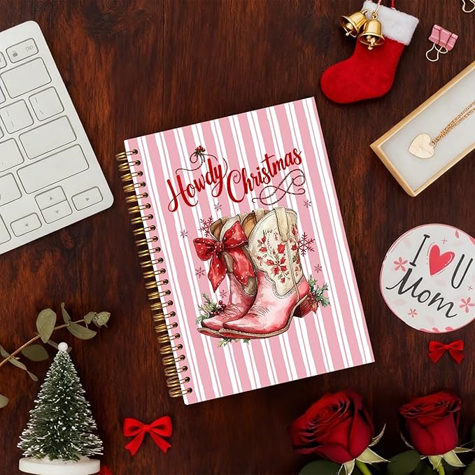 Exqcom Western Christmas Cowgirl Boots Spiral Notebook Gifts, Coquette Red Bow Western Journal for Women, Christmas Aesthetic Hardcover Notebook Journal Office School Supplies, 5.5x8.3 Inch