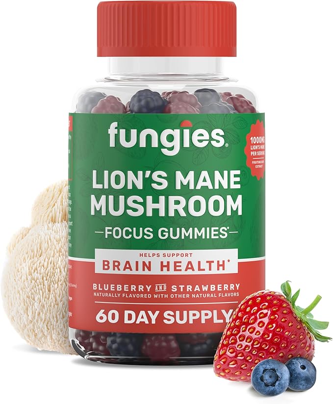 Fungies Lion's Mane Mushroom Gummies, Mixed Blueberry & Strawberry Flavor - Mushroom Supplement Gummy for Adults & Children Supports Brain Health, Cognitive Function, Focus, Memory & Mood, 60 Servings