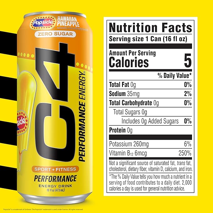 Cellucor C4 Energy Drink x Hawaiian Pineapple Popsicle, Carbonated Sugar Free Pre Workout Performance Drink with no Artificial Colors or Dyes, 16 Oz, Pack of 24
