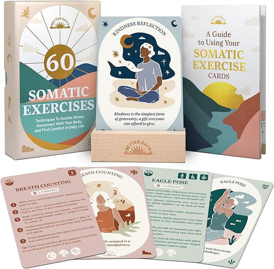 Better Days Somatic Therapy Exercises – 60 Techniques to Soothe Stress, Reconnect with Your Body, and Find Comfort – 3.5” x 5” Cards and Guidebook – Breathwork, Mindfulness, and Gentle Movements