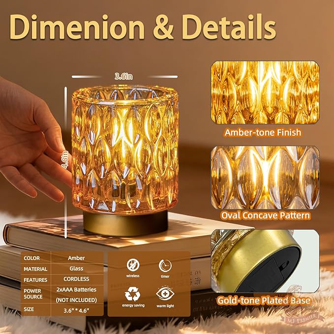 Battery Operated Table Lamps Timer, Mini Crystal Lamp for Area No Plug, Cordless Lamp with LED Bulb for Power Outage, Decorative Lamps for Tabletop/Corner/Entryway/Stairway/Bathroom/Fireplace (Amber)
