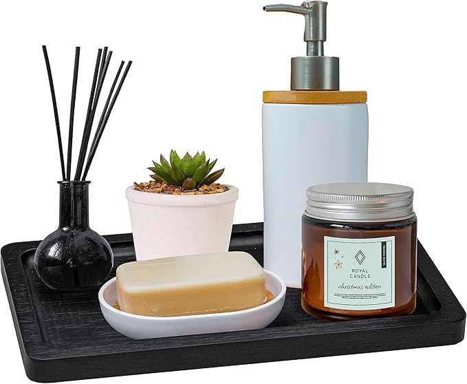 Black Bathroom Tray - Small Black Bamboo Wood Tray Decor for Vanity, Coffee Table, Cologne and Perfume Tray, Matte Black Bathroom Decor for Counter, Soap Dish, 9 inch
