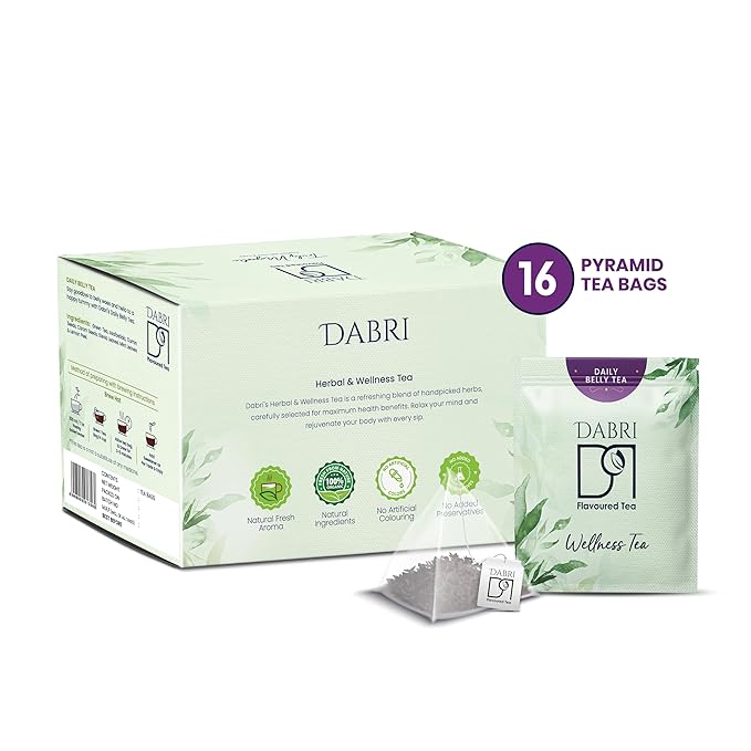 Dabri Daily Belly Wellness Tea Bags 16pcs | Great for Bloating | Relief from Constipation and indigestion | Relief from acidityand gastric problems (16 pyramid bags)