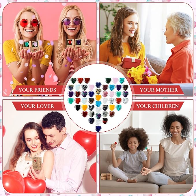 Landical 50 Sets Pocket Hug Token Gifts Small Crystal Heart Stones Bulk with Boxes Mini Heart Shape Natural Stones for Colleagues Family Distance Social Celebration of Life Gifts(Classic)