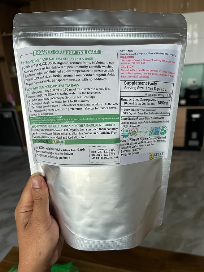 KEYXE - USDA Organic Soursop Graviola Leaves Tea 90 Bags. Non-GMO Verified , 100% Organic Soursop Leaves for Digestion, Boosting Immune, Improving Sleep & Skin Health, Gluten Free, Caffein Free , Hojas De Guanabana Tea Organica, Eco-Conscious Tea Bags