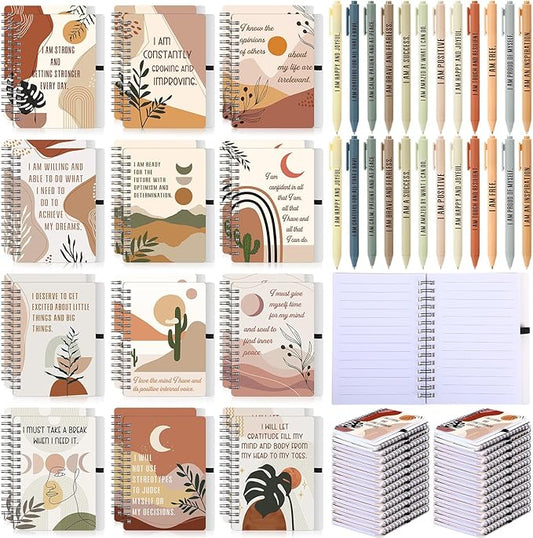 Kosiz 48 Pcs/24 Set Positive Affirmation Gifts Gratitude Spiral Notebooks with Pens Motivational Encouragement Notepads Daily Affirmations Journal for Women (Boho)