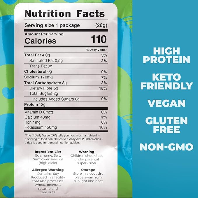 Crunchy Dry Roasted Edamame Beans Snack by Zest Delites, Sea Salt, Vegan, Low Calorie (110cal) High Protein Snacks (12g), Low Carb, Keto, Gluten Free, 0.9 oz 24 Packs