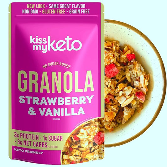 Kiss My Keto Sugar Free Granola, Strawberry Vanilla 1-Pack – Curb Cravings with Few Net Carbs – Allulose Sweetened, Resealable & Gluten-Free Crunchy Clusters – Grain Free Granola Great With Yogurt or Milk