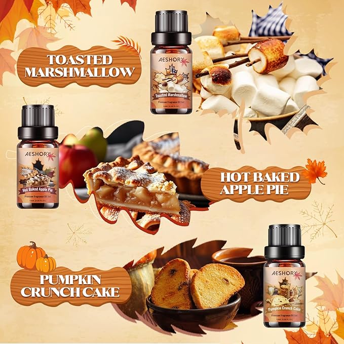 Autumn Essential Oils Set, 6 Premium Fall Fragrance Oils for Diffuser for Home, Aromatherapy Oils for Pumpkin Crunch Cake, Apple Pie, Flannel, Marshmallow, Magic,Leaves Scents for Soap Candle Making