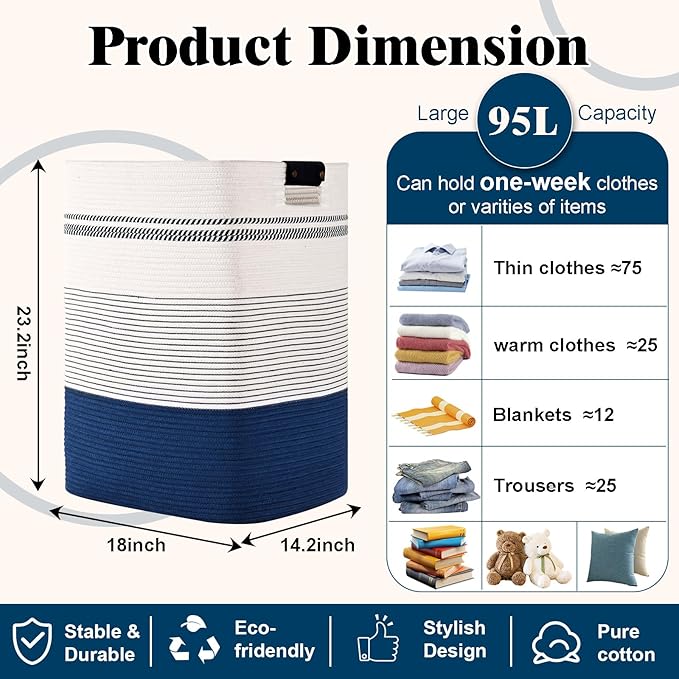 Laundry Hamper, 95L Tall Laundry Basket with Leather Handles, Rectangle Large Clothes Hamper for Organizing, Cotton Woven Laundry Baskets Storage Hampers for Bedroom, Nursery, Living Room