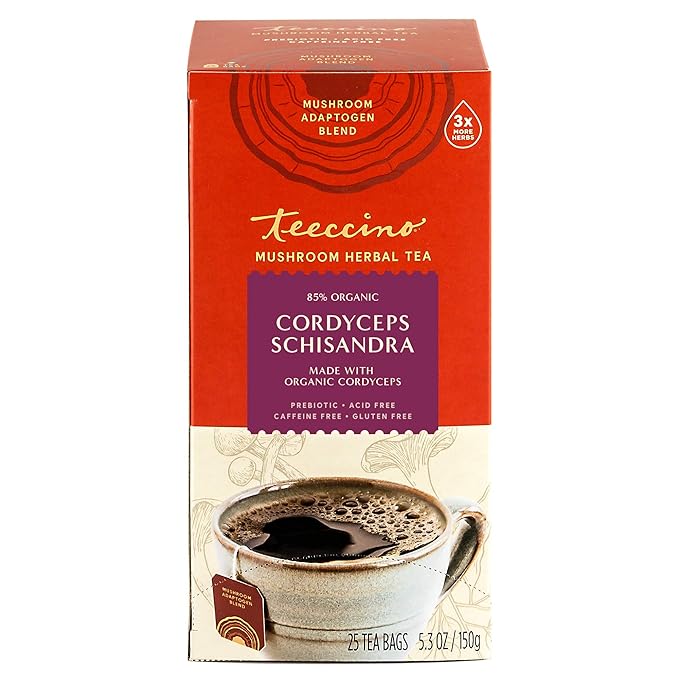 Teeccino Cordyceps Schisandra Tea - Cinnamon Berry - Caffeine Free Mushroom Adaptogenic Herbal Tea, 3x More Herbs Than Regular Tea Bags, Naturally Sweet, Gluten Free, Prebiotic - 25 Tea Bags