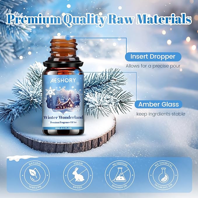 Winter Essential Oils Set, 6 Premium Holiday Fragrance Oil for Diffuser, Candle & Soap Making, Frozen Magic, Winter Wonderland, Hot Cocoa, Frosted Fir, Warm Sweater, Log Fire, Scented Oils for Home