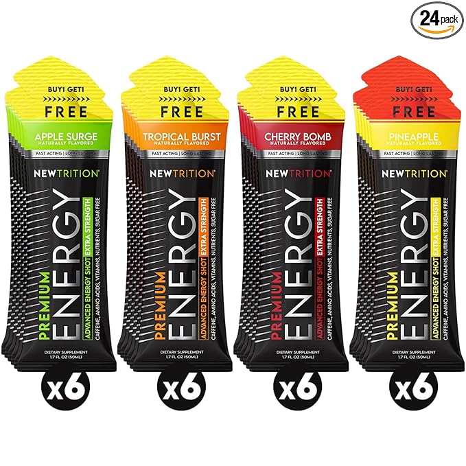 NewTrition® Extra Strength Energy Shots, 250mg Caffeine Energy Shots with Vitamin B & Amino Acids, Sugar-Free Vitamin Energy Shot, 1.7 fl oz (Pack of 24, 4 Flavors - Mixed 2)