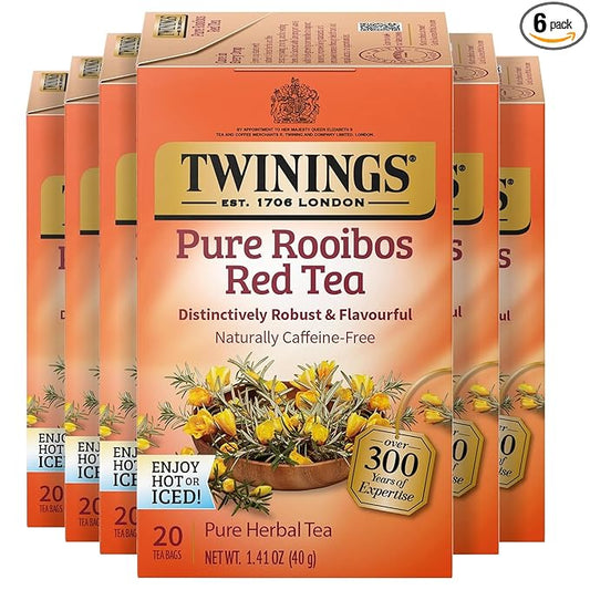 Twinings Pure Rooibos Red Herbal Tea Individually Wrapped Bags, 20 Count (Pack of 6), Sweet with Uplifting Aroma, Naturally Caffeine-Free, Enjoy Hot or Iced, 120 Teabags