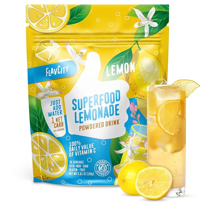 FlavCity Superfood Lemonade Drink Mix - Sugar-Free Lemonade Powder with Real Crystallized Lemon & Organic Acerola - 100% DV Vitamin C - Keto, Gluten-Free, Non-GMO (30 Servings)