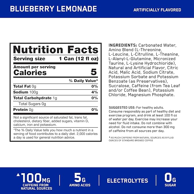 Optimum Nutrition Amino Energy Sparkling Hydration Drink, Electrolytes, Caffeine, Amino Acids, BCAAs, Sugar Free, Blueberry Lemonade, 12 Fl Oz, 12 Pack (Packaging May Vary)