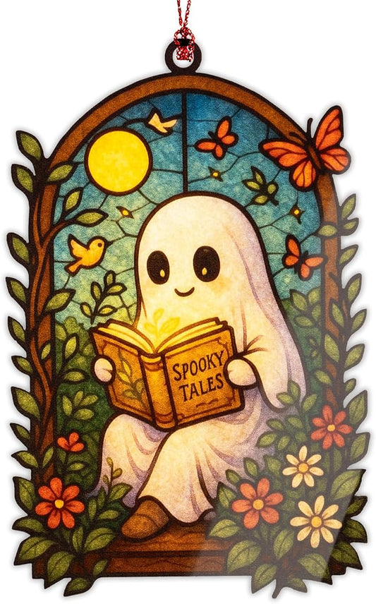 Halloween Christmas Ornaments - Book Christmas Ornaments - Spooky Xmas - Ghost Reading - White Elephant Gifts RUSATEN ONM-529-RST-Ghost
