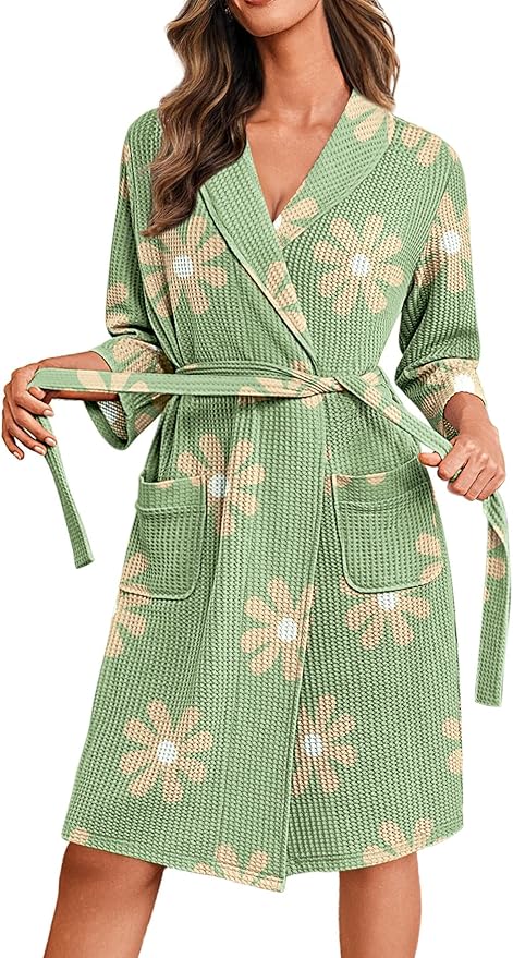 Ekouaer Robes for Women Waffle Knit Bathrobe Lightweight Kimono Robe Knee Length Loungewear with Pockets