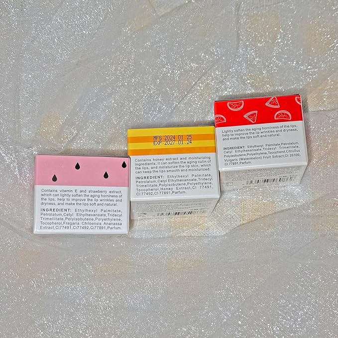 3 Packs Fruit Lip Balm, Moisturizing & Smoothing Lip, Hydrate Repair Prevent Dry Cracked Lip Sleeping Lip Mask, Effective Reduces Lip Lines Lip Care (Honey & Strawberry & Watermelon)