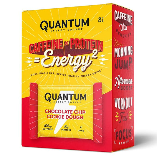 Quantum Energy Square: Energy Bar with Caffeine & 10g Protein. Delicious Healthy Snack On The Go. (Vegan, Gluten-free, Soy-free, Dairy-free) (Chocolate Chip Cookie Dough)