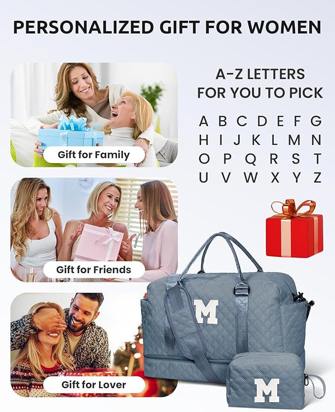Gifts for Friends - Initial Duffle Bag with Shoe Compartment, Personalized Weekender Overnight Travel Bag with Monogram, Birthday Gift for Daughter Sister (Letter I)