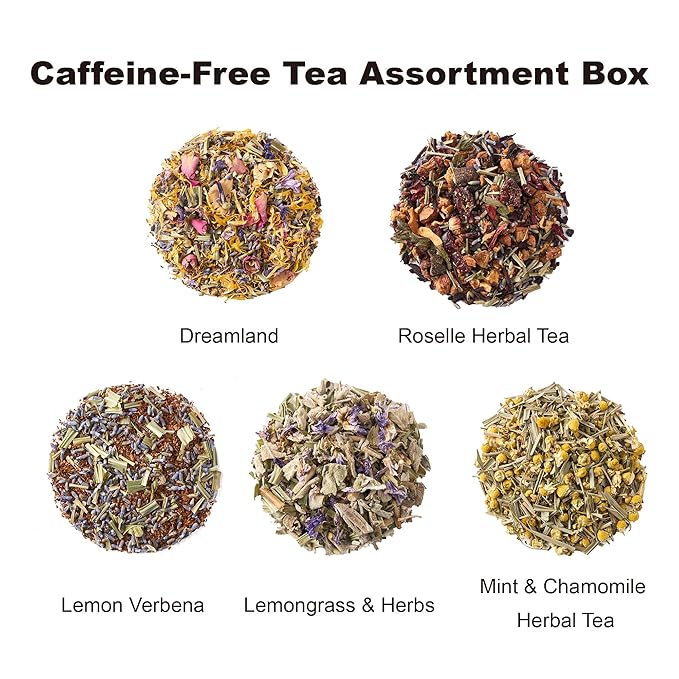 EZR Leaf Decaf Herbal Tea Sampler-22CT Pyramid Bags with Natural Fruit & Floral Blends – Caffeine-Free Assorted Tea Gift Set for Women & Men Blend Lemon Verbena x4, Lemongrass & Herbs x5, Mint & Chamomile x4,Dreamland x5, Roselle x4