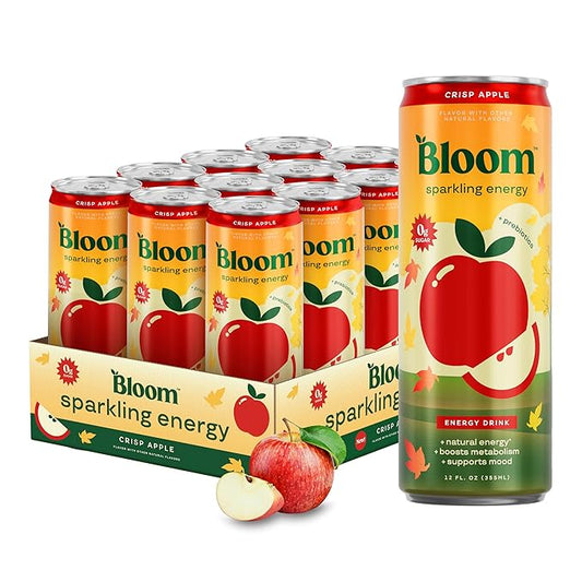 Bloom Nutrition Sparkling Energy Drink - Natural Caffeine, Zero Sugar, 180mg Caffeine - Antioxidant-Rich with Green Coffee Bean, Green Tea Extract, Prebiotics - Crisp Apple - 12oz 12 Pack
