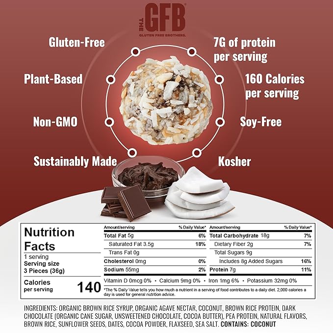 The GFB Dark Chocolate Coconut Protein Bites - Gluten Free, Plant Based, Non GMO, Sustainably Made – Ridiculously Tasty, Healthy, Vegan, Protein Energy Balls, 1.2 oz (10 count)