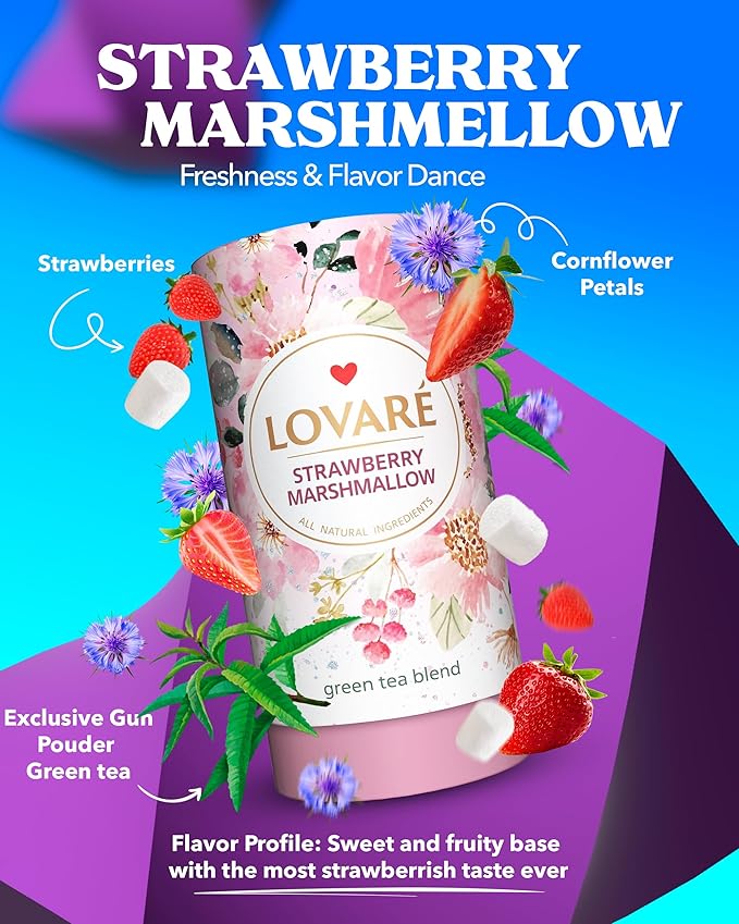 LOVARE Strawberry Marshmallow Loose Leaf Tea 80 g - Made in Ukraine - Green Tea, Strawberry, Cornflower Petals - Gift Box with 15 Paper Filters