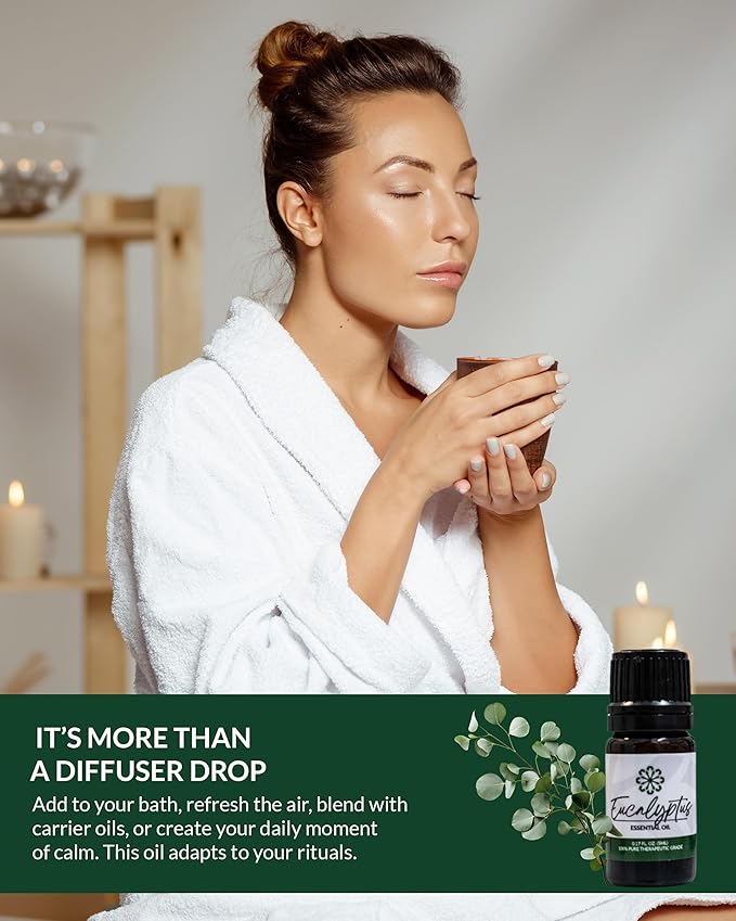 Essence Eucalyptus Essential Oil – 100% Pure & Therapeutic Grade – Perfect for Aromatherapy, Diffusers & Recharging Essence Nasal Diffuser Rings – Natural Stress & Mood Support (5mL)