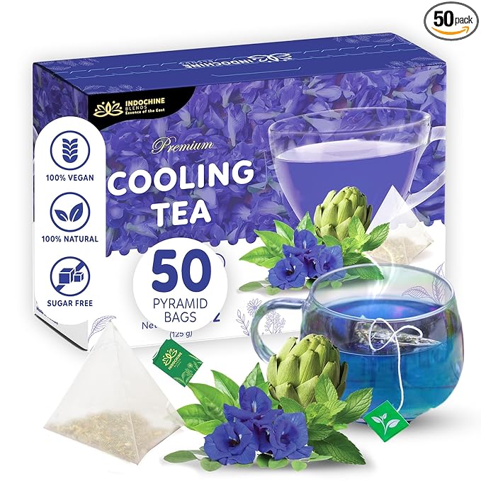 Indochine Blends Cooling Tea | Oolong, Artichoke, Butterfly Pea & Peppermint | Sugar-Free, Caffeine-Free Herbal Tea | Vibrant Blue | Herbal Tea for Relaxation | 4.4 oz | 50 Corn-Fiber Pyramid Bags