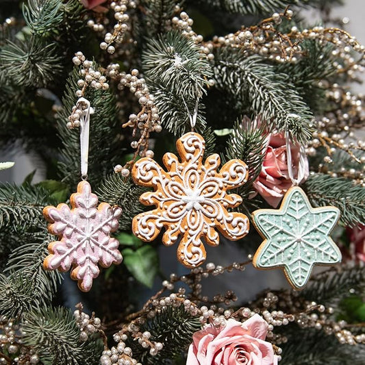Braxio Gingerbread Snowflake Ornaments - Christmas Figurine Ornaments Decorative Hanging Ornaments for Christmas Tree Set of 3