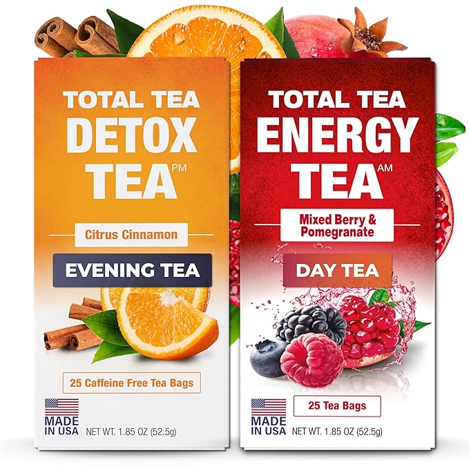 Total Tea Detox Tea & Energy Tea Set - 25 Day Detox - Herbal SIim Tea with Chamomile - Hibiscus Tea and Ginger Root for Colon Cleanse – Natural Citrus & Cinnamon Herbal Tea for Digestive Health