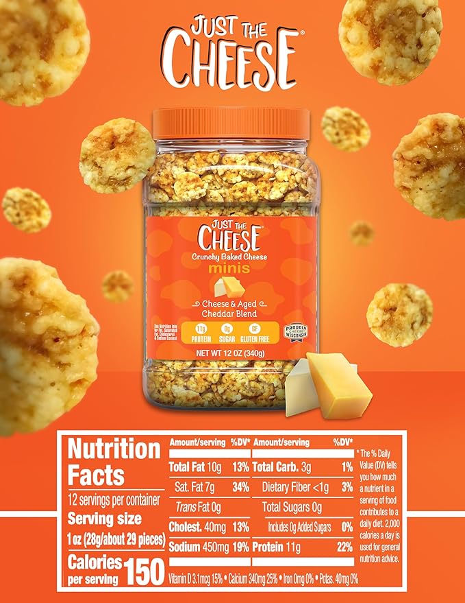 Just the Cheese Minis – Cheese & Aged Cheddar Blend Crisps, 12 oz Jar, Delicious Low-Carb Lifestyle Protein Chips, High-Protein, Gluten-Free Crisps, Keto-Friendly, Zero Sugar, Perfect Snack for Adults
