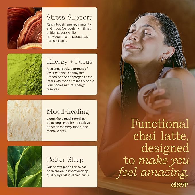 Clevr Blends Chai Tea Latte, Instant Superfood Powder Blend with Oat Milk, Lion’s Mane, Reishi Mushroom, Black Tea, Organic Spices, Coconut Cream, Ashwagandha, Oprah’s Favorite Things 2022 (14 Lattes)