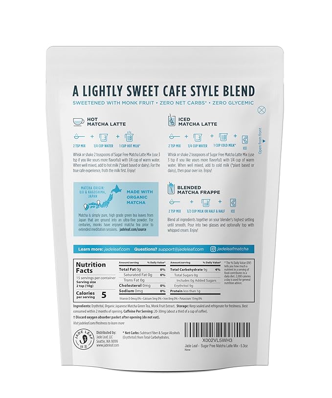 Jade Leaf Matcha Organic Cafe Style Sugar Free Matcha Latte Green Tea Powder, Premium Barista Crafted Mix, Authentically Japanese, 15 Servings (5.3 Ounce Pouch)