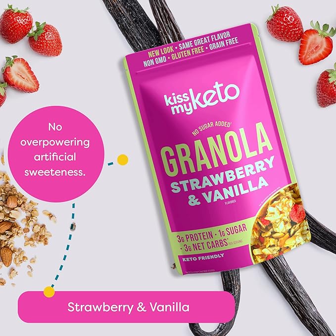 Kiss My Keto Sugar Free Granola, Strawberry Vanilla 4-Pack – Curb Cravings with Few Net Carbs – Allulose Sweetened, Resealable & Gluten-Free Crunchy Clusters – Grain Free Granola Great With Yogurt or Milk