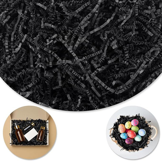 Darfukei Shredded Paper For Gift Baskets, 1/2LB (8 oz) Black Crinkle Paper Filler, Crinkle Cut Paper Shred For Birthdays, Weddings,Boxes Bags,Halloween Basket Filler,Anniversaries,Gift Wrapping