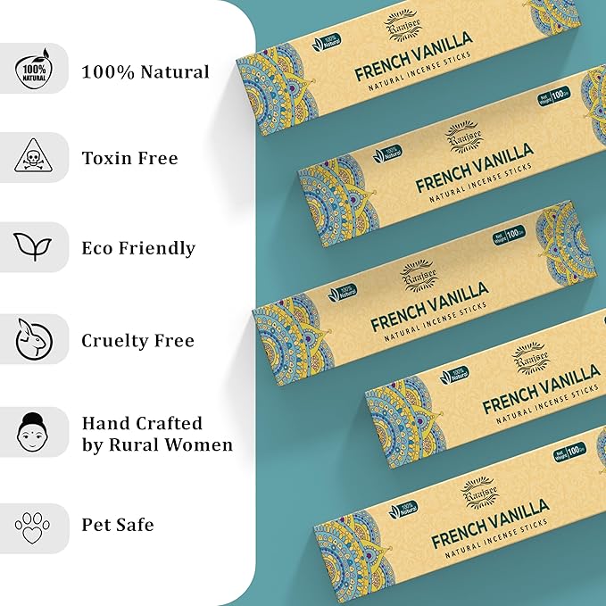 Raajsee French Vanilla Incense Sticks (180 gm), 100% Pure Organic Natural Hand Rolled Free from Chemicals - Perfect for Aromatherapy, Cleansing, Meditation, and Church (Pack of 12)