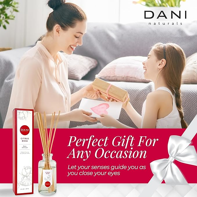 DANI Naturals Reed Diffuser Set - Citrus Rose Scent - Aromatherapy Essential Oils - Alcohol-Free, Non-Toxic, Eco-Friendly, 10 Reeds - 3.5 oz