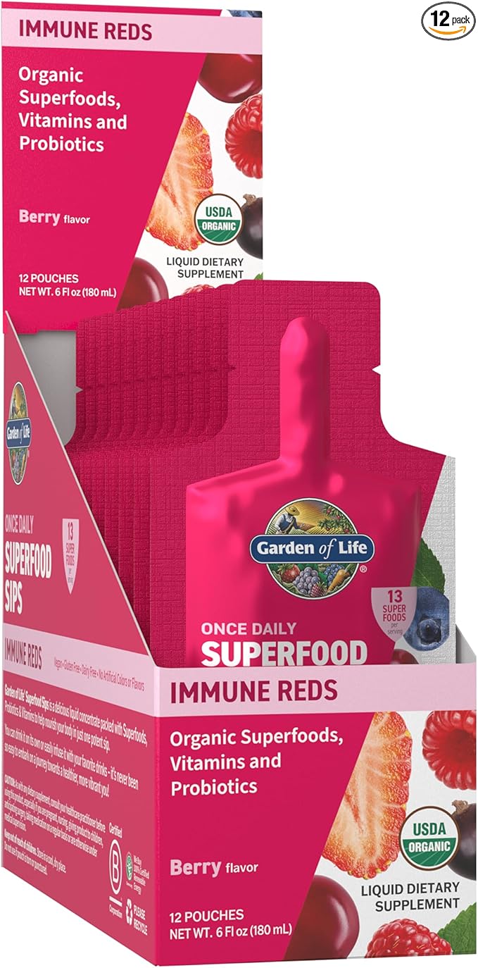Garden of Life Superfoods Sips, 12 Single Serve Pouches, Vitamins, Probiotics, 13 Organic Superfoods, Functional Mushrooms, Immune Reds, Once Daily, Organic, Vegan, Preservative-Free, Berry Flavor