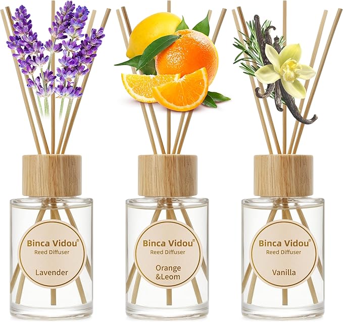 Reed Diffuser Set, Binca Vidou Lavender Vanilla Orange & Lemon Natural Scent Oil Diffusers with Sticks for Home Office Bathroom Aromatherapy Decor 2.7oz x 3