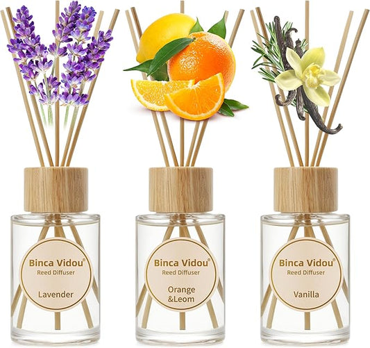 Reed Diffuser Set, Binca Vidou Lavender Vanilla Orange & Lemon Natural Scent Oil Diffusers with Sticks for Home Office Bathroom Aromatherapy Decor 2.7oz x 3