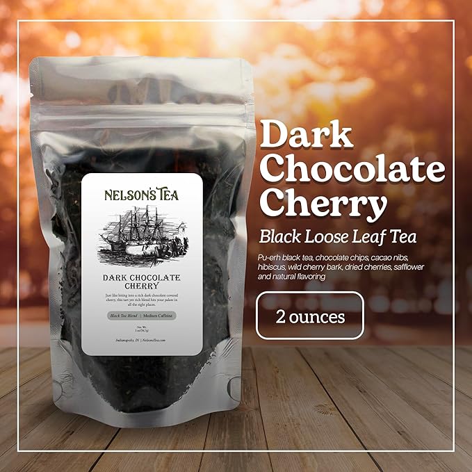 Nelson's Tea Dark Chocolate Cherry - Rich blend of Pu-erh Black Tea, Chocolate Chips, Wild Cherry Bark, Dried Cherries Herbal Loose Leaf Tea- 2oz