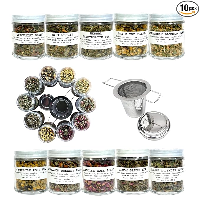 Smoke Camp Crafts Handcrafted Organic Loose Leaf Herbal Tea Gift Set with Stainless Steel Infuser, 10 Jars Caffeine Free Tisanes Variety Pack Assortment