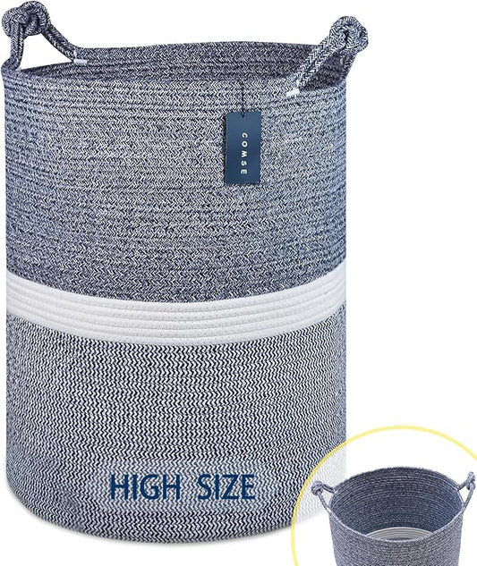 COMSE Extra Large Blanket Basket, Tall Woven Storage Basket, Nursery Hamper, 15.7”x 21.7”, Cotton Rope Laundry Hamper for Toys Clothes Towels, Blend Navy Blue/White