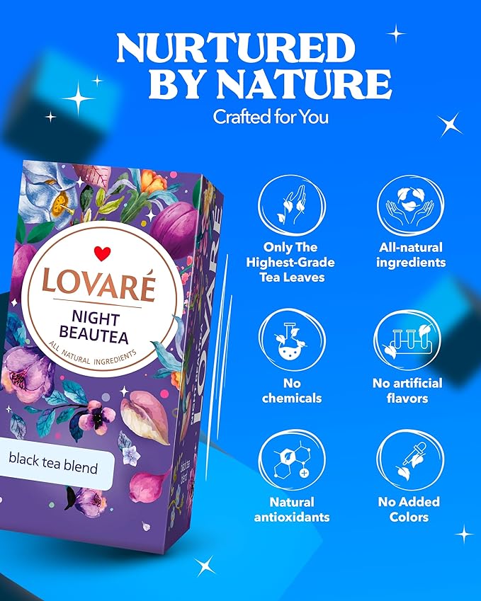 LOVARE Night Beautea Tea Bags 48 g - Made in Ukraine - Ceylon Black Tea, Cherry Berries, Cornflower Petals, Royal Pomegranate Plum - Individually Wrapped - Gift Box for Tea Lovers (24 x 2 g)