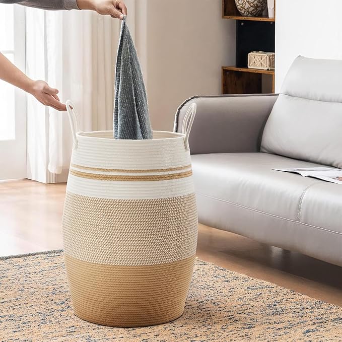 Fiona's magic 65L Extra Large Laundry Hamper Basket, Woven Tall Clothes Hamper for Storage Blanket, Toys and Dirty Cothes in Bedroom and Living Room Organizer, Yellow & White